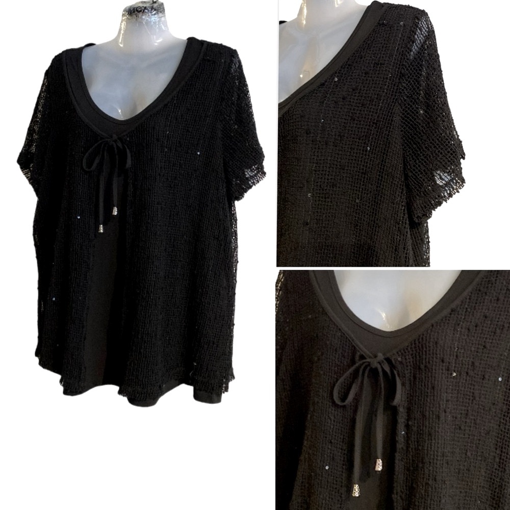 Black 2 Layer Crochet Top w/ scattered tiny Sequins for summer sparkle!!! 2X